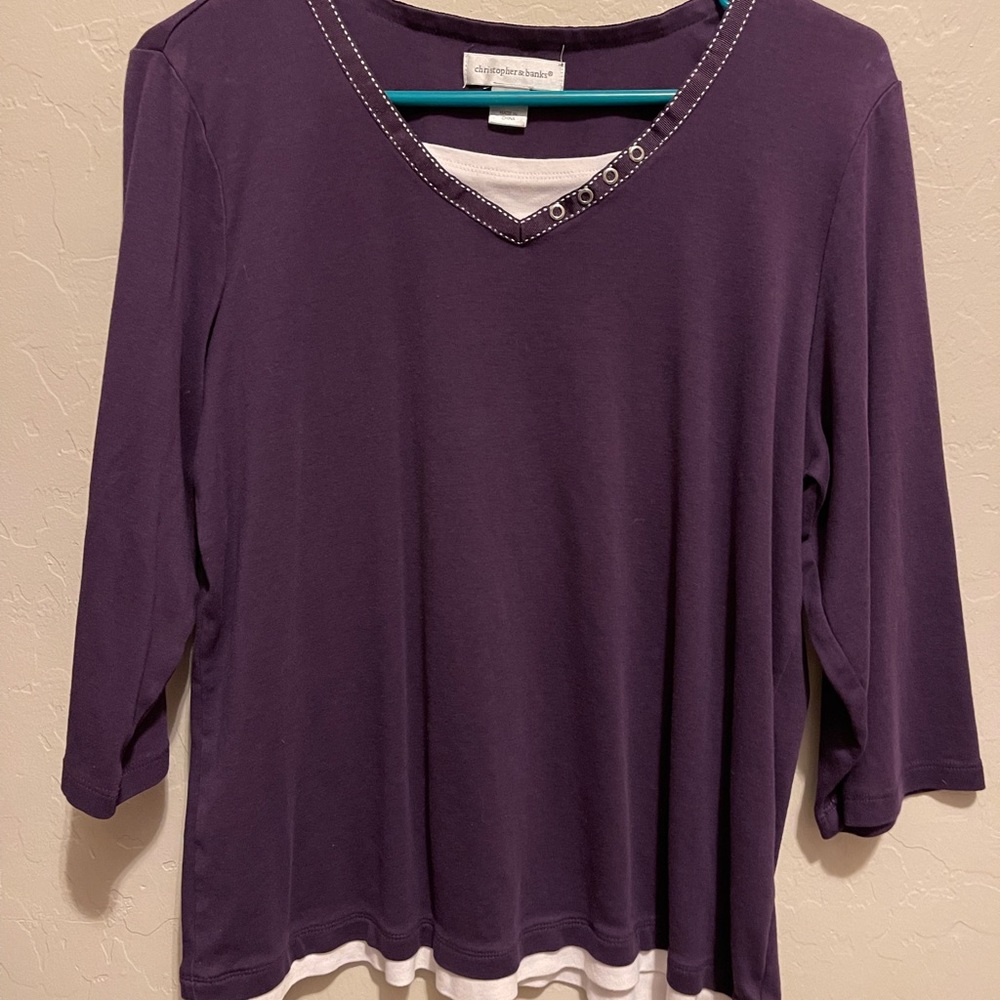 Christopher & Banks, Purple/White, 3/4qtr-sleeves, XL